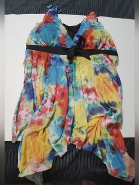 Tie-Dye Multicolor Halter Swim Top with Black Waist Tie